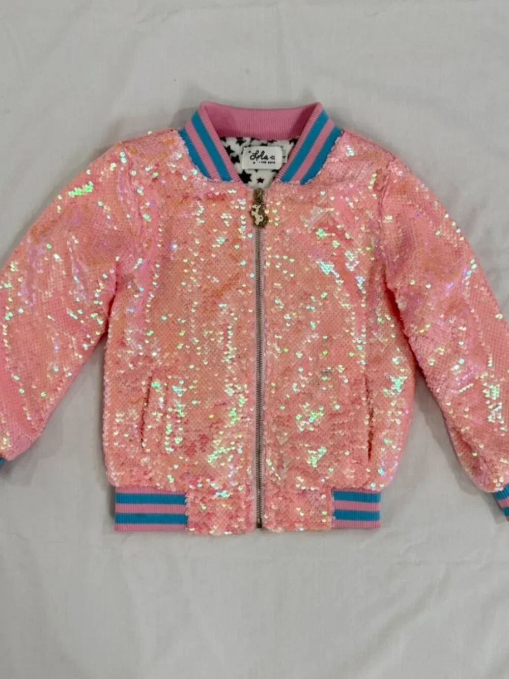 Lola + The Boys Girls Pink Sequin Unicorn Bomber Jacket Zip Front Size 4